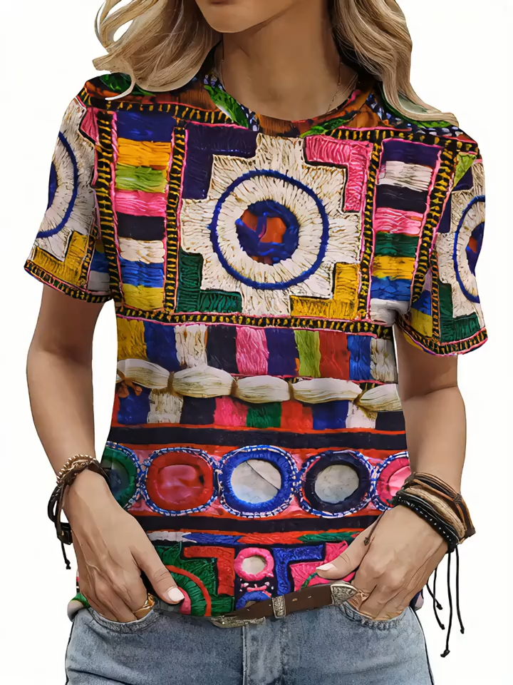 2D Print Abstract Painting Casual Fashion Colorful Print Geometric Color Block Patchwork Graphic Breathable Round Neck Short Sleeve T-Shirt Casual Shirt New Women's Short Sleeve Top