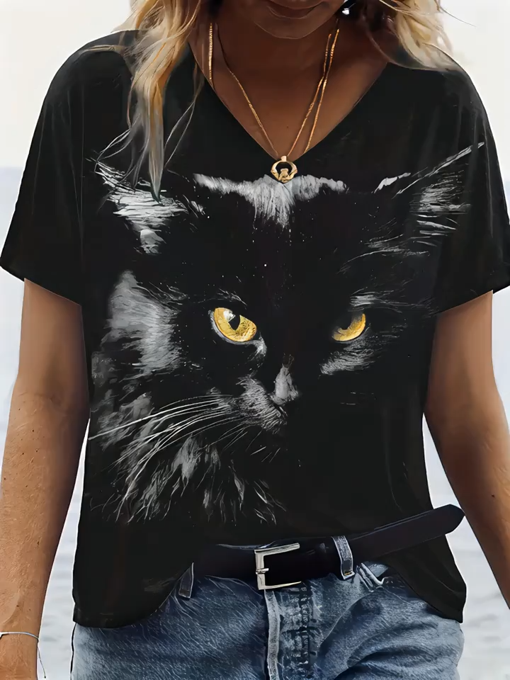 2D Printed Casual Fashion Easy Abstract Painting of a Black Cat Full Print Breathable V-Neck Short-Sleeve T-Shirt Casual Shirt Summer New Women'S Short-Sleeve Top
