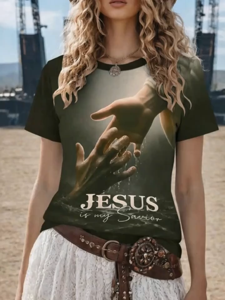 2D Printing Novel Fashionable Elegant Abstract Painting Gradient Is My Savior Letter Slogan Palm Graphic All-Over Print Breathable Round Neck Short Sleeve Faith T-Shirt Casual Fashion Short Sleeve Women'S Shirt Summer New Women'S Short Sleeve