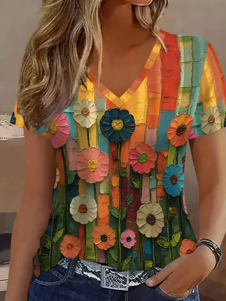 2D Printed Casual Fashion Elegant Vacation Abstract Painting Daisy Flower Floral Plant Leaves Oil Painting Color Block Splicing Graphic Full Print Breathable V-Neck Short-Sleeve T-Shirt Casual Stylish Short-Sleeve Women'S Shirt Summer New Women'S Sh