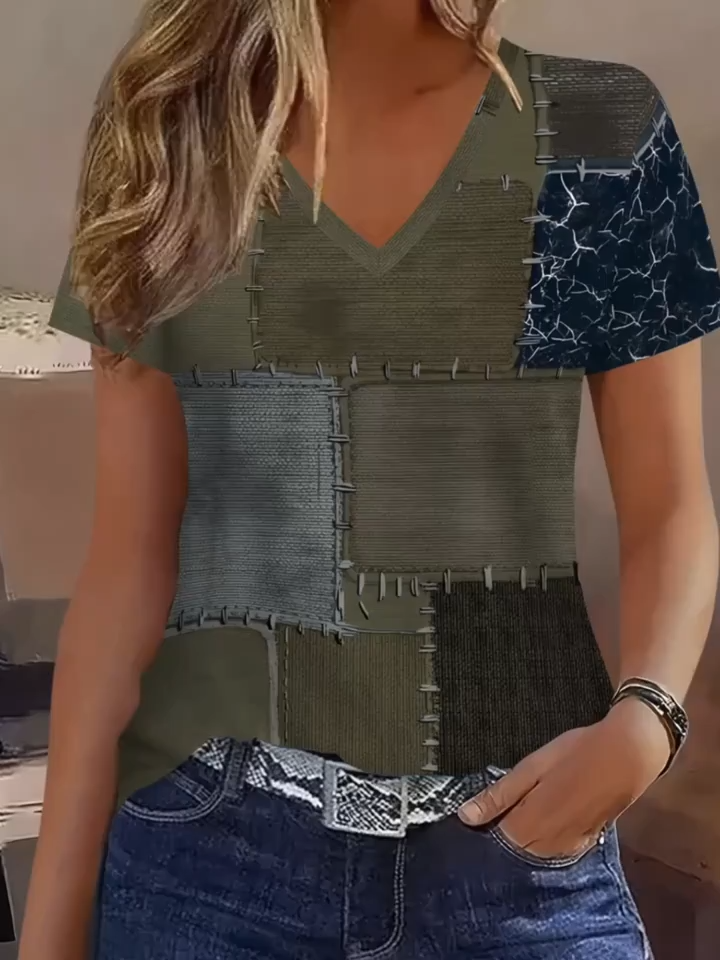 2D Print Fashion Elegant Vacation Abstract Painting Color Block Patchwork Graphic Full Print Breathable Women's V-Neck Short Sleeve T-Shirt Casual Shirt New Women's Short Sleeve Top