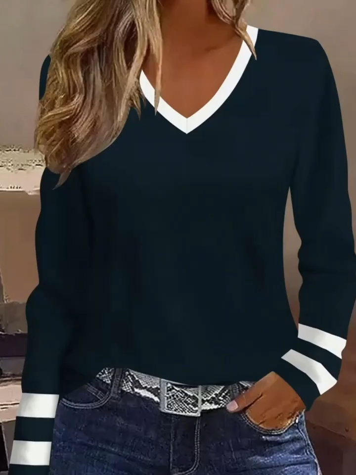 2D Print Easy Fashion Elegant White Blue Contrast Striped Color Block Patchwork Graphic All-Over Print Breathable V-Neck Long Sleeve T-Shirt Casual Shirt Fall Winter New Women'S Long Sleeve Outerwear Top Base Layer