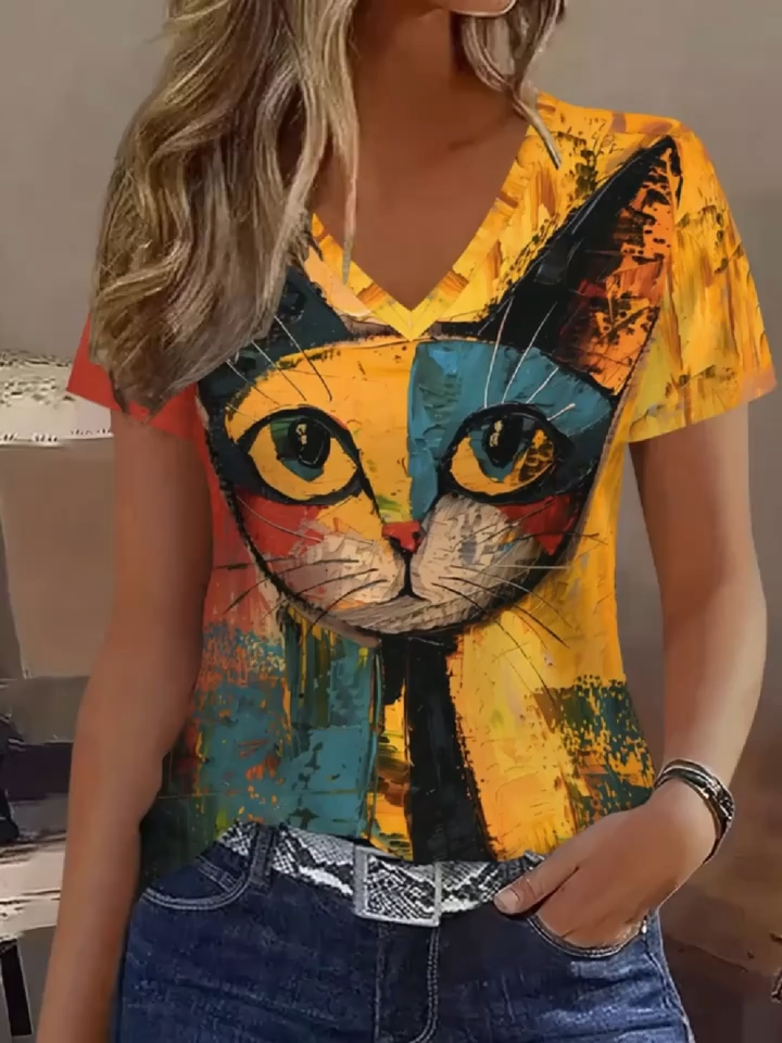 2D Print Fashion Elegant Casual Minimalist Vacation Abstract Painting Gradient Cat Doodle Graphic Full-Body Print BREATHABLE V-Neck Short Sleeve T-Shirt, Casual Fashion SHORT SLEEVE Women's S Shirt, New Summer Women's Short Sleeve Outerwear Top