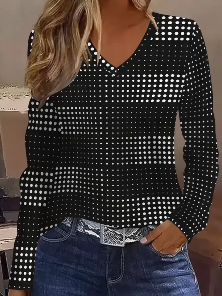 2D Print Simple Fashion Casual Elegant Vacation Abstract Painting Gradient Polka Dot Gradient Color Block Splicing Graphic Full Print Breathable V-Neck Long Sleeve T-Shirt Casual Daily Long Sleeve s Shirt Autumn Winter New Women's Long Sleeve Base