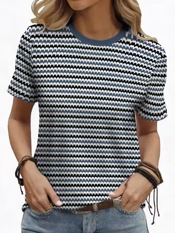 2D Printed, Easy And Elegant Stylish Abstract Geometric Diamond Checkered Striped Pattern All-Over Breathable Round Neck Short-Sleeve T-Shirt, Casual Shirt, New Women'S Short-Sleeve Top