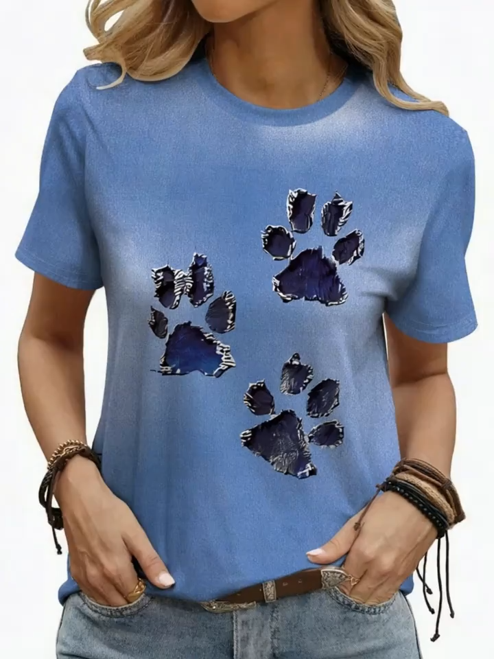 2D Printed Fashionable Elegant Vacation Abstract Painting Animal Cat Paw Graphic All-Over Print Breathable Round Neck Short Sleeve T-Shirt, Casual Fashion Short Sleeve Women'S Shirt, Summer New Women'S Short Sleeve Top