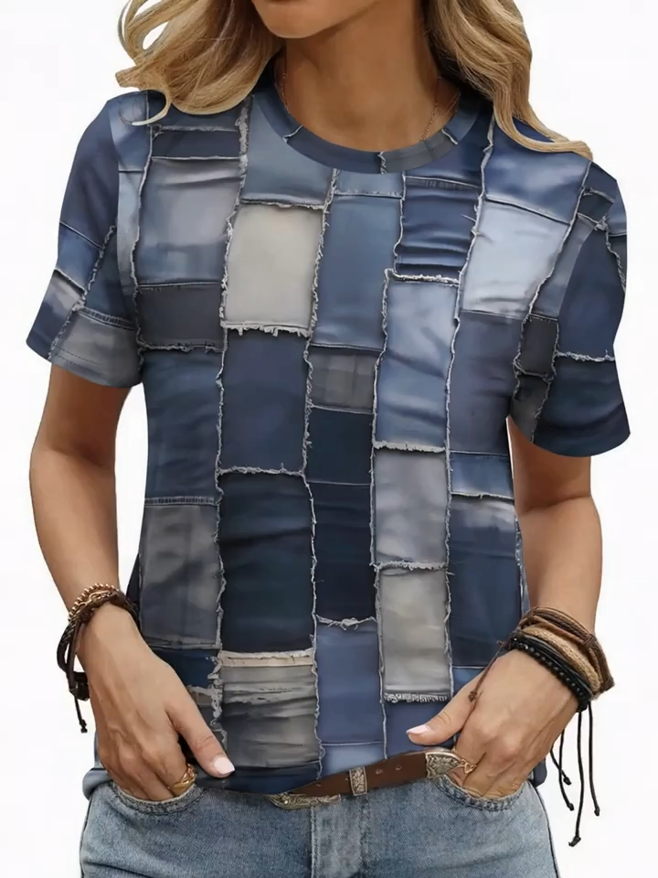 2D Printed Fashionable Casual Elegant Vacation Vintage Abstract Painting Blue and White Contrast Color Plaid Color Block Patchwork Graphic All-Over Print Breathable Crew Neck Short Sleeve T-Shirt, Casual Shirt, New Summer Women's Short Sleeve Top
