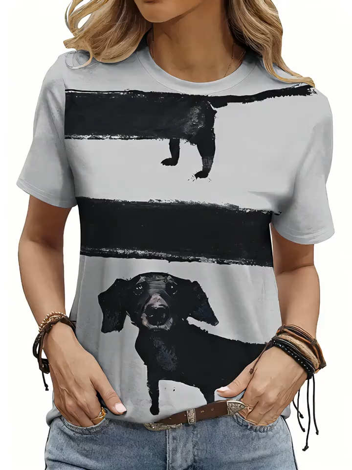 2D Printed Elegant Vacation Simple Fashion Gradient Tie-Dye Striped Animal Dog Graphic Breathable Round Neck Short Sleeve T-Shirt Casual S Shirt New Women's Short Sleeve Top