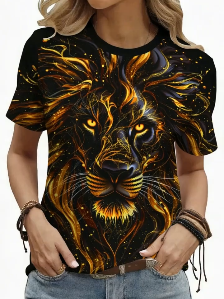 2D Printed Elegant Vacation Fashion Casual Minimalist Abstract Painting Gradient Animal Lion Graphic All-Over Breathable Round Neck Short Sleeve T-Shirt Casual Stylish Short Sleeve Women'S Shirt Summer New Women'S Short Sleeve Top