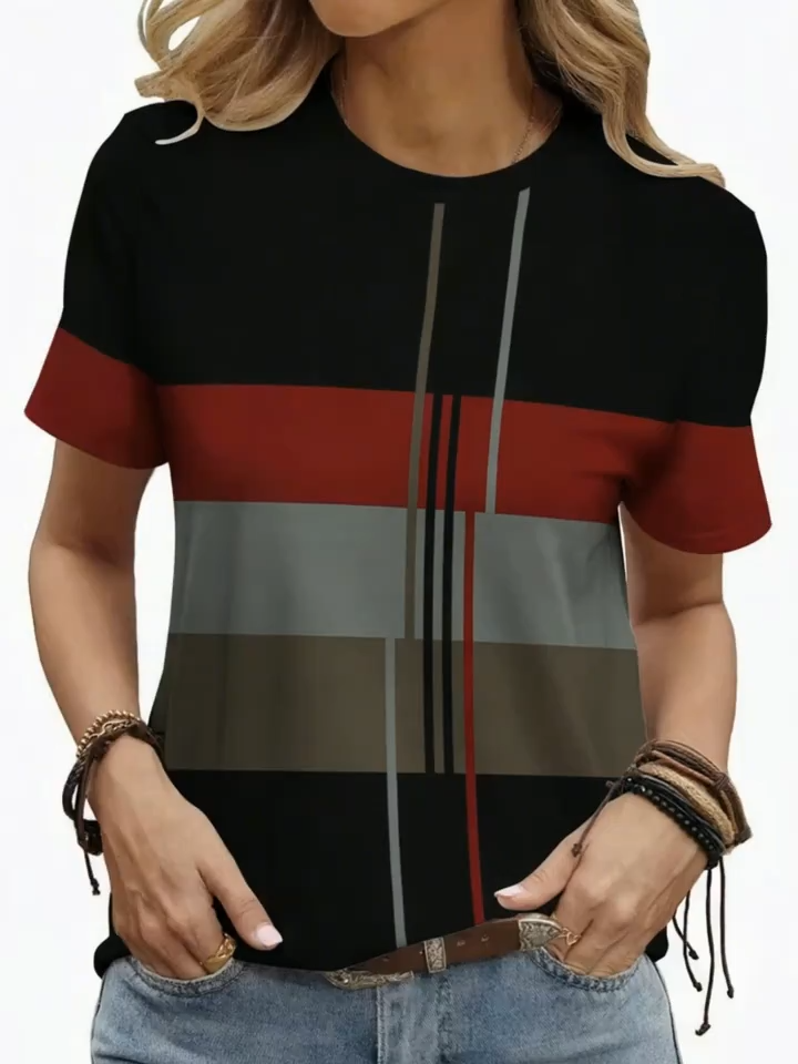 Women's Women's 2D Printed Simple Fashion Elegant Vacation Abstract Painting Color Block Geometric Stripe Graphic Full Print Breathable Round Neck Short Sleeve T-Shirt, Casual Fashion Short Sleeve s Shirt, New Summer Short Sleeve Top