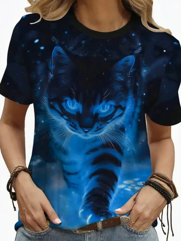 2D Print, Easy Fashion Elegant Vacation Abstract Painting Gradient Animal Cat Graphic All-Over Print Breathable Round Neck Short Sleeve T-Shirt, Casual Fashion Women'S Short Sleeve Shirt, Summer New Women'S Short Sleeve Top
