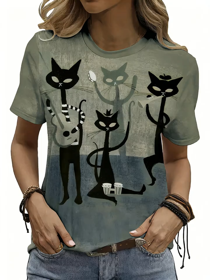 Women's Short-Sleeve Cat Print T-Shirt - Cute Kitten Round Neck Blouse, Medium-Stretch Casual Top with -Line Silhouette, - Machine-Washable Shirt for Casual Attire & Layering (Animal)