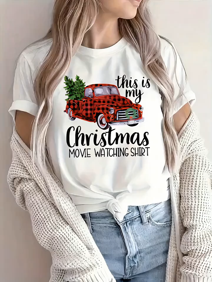 Cute Letter Slogan Christmas Tree Red Graphic Breathable Print Crew Neck Short Sleeve Christmas T-Shirt, Casual Shirt, New Holiday Gift Women's Clothing